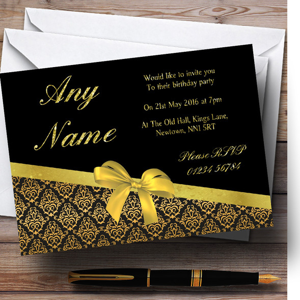 Classic Black And Gold Damask Glitter Look Birthday Party Personalized Invitations