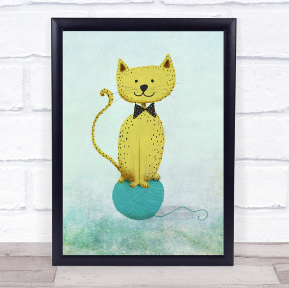 Cat Ball On String Vintage Watercolor Blue Minimalist Wall Art Print