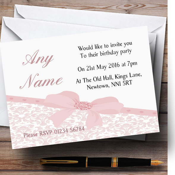 Classic Dusky Pink Damask Bow Birthday Party Personalized Invitations