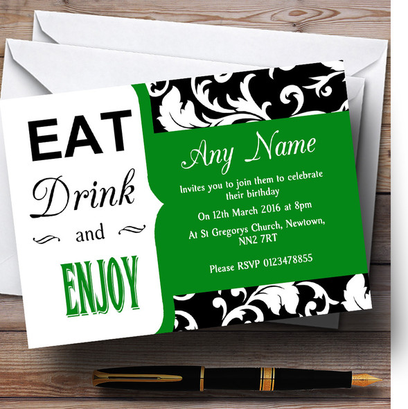 Green Damask Vintage Eat Drink Personalized Birthday Party Invitations