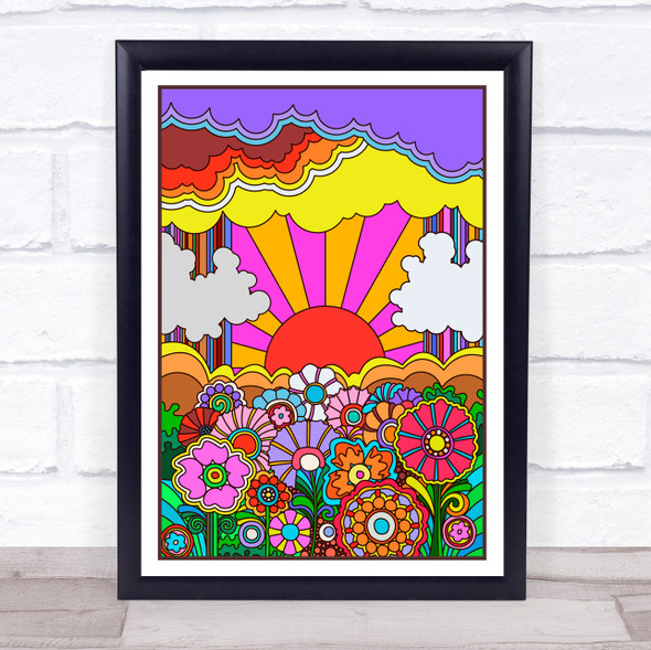 Psychedelic Hippie colorful Sun Flowers Clouds Wall Art Print