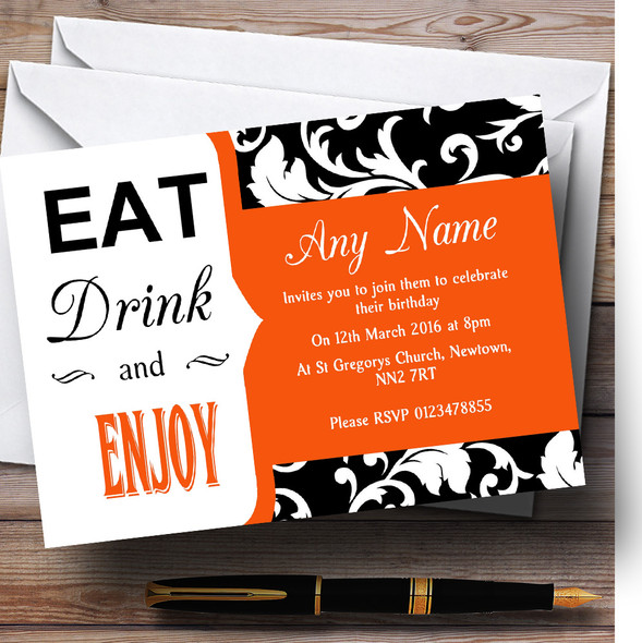 Orange Damask Eat Drink Personalized Birthday Party Invitations