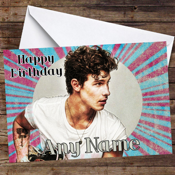 Shawn Mendes Icon Pink Blue Burst Personalized Birthday Card