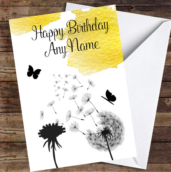 Dandelion Seeds Watercolor Mustard Yellow Personalized Birthday Card