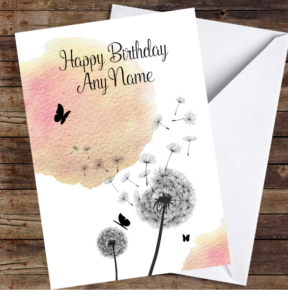 Dandelion Seeds Watercolor Peach Pink Personalized Birthday Card