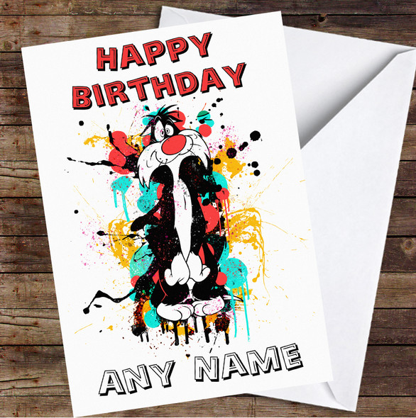 Sylvester James Pussycat Loony Tunes Splatter Personalized Birthday Card