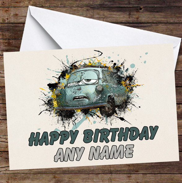 Cars Professor Zundapp Watercolor Splatter Personalized Birthday Card