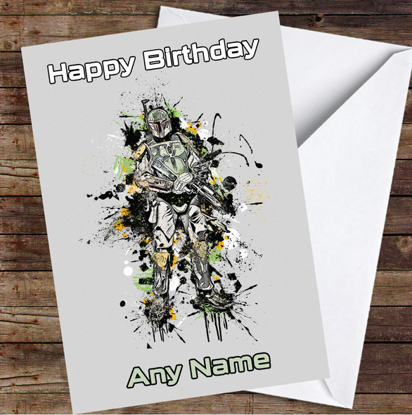 Boba Fett Watercolor Splatter Personalized Birthday Card