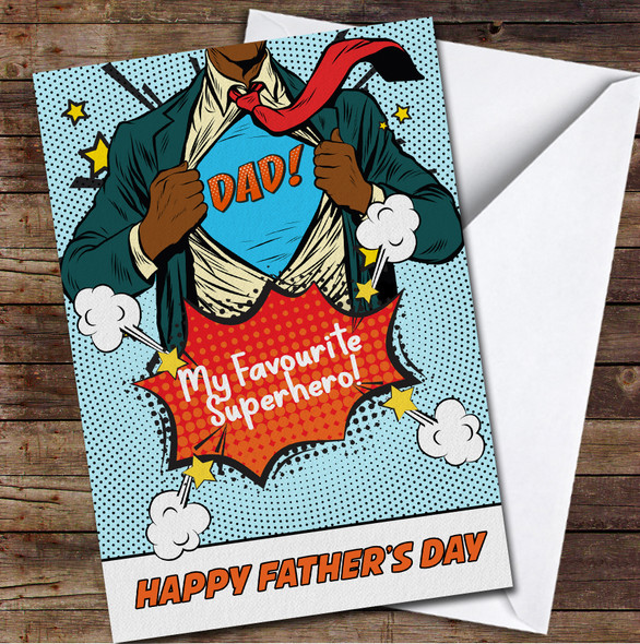 Dark Skin Superhero Dad Comic Personalized Father's Day Greetings Card