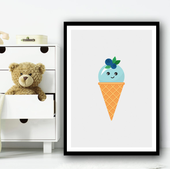 Blue Cute Ice-cream Cartoon Simple Wall Art Print