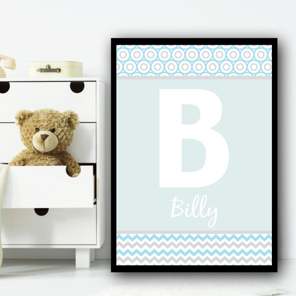 Baby Blue Zig Zag And Circles Any Initial Any Name Personalized Wall Art Print