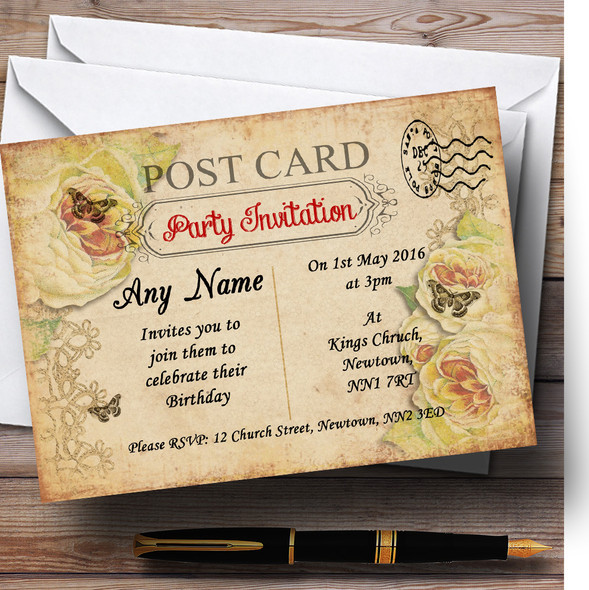 Old Vintage Shabby Chic Postcard Personalized Birthday Party Invitations