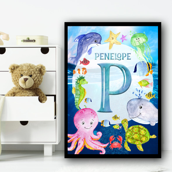 Watercolor Sea Creatures Any Initial Personalized Wall Art Print