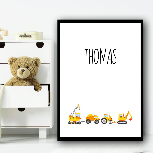 Yellow Cartoon Construction Vehicles Any Name Personalized Wall Art Print