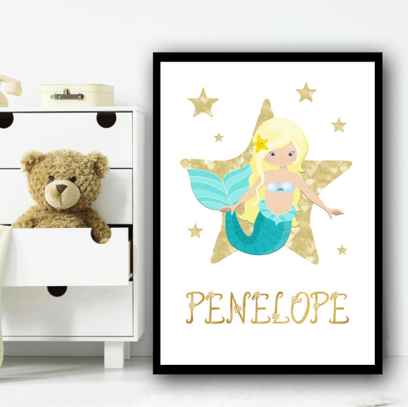 Cartoon Mermaid Yellow Hair Gold Star Any Name Personalized Wall Art Print