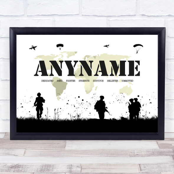 Army Silhouette Map Any Name Personalized Wall Art Print