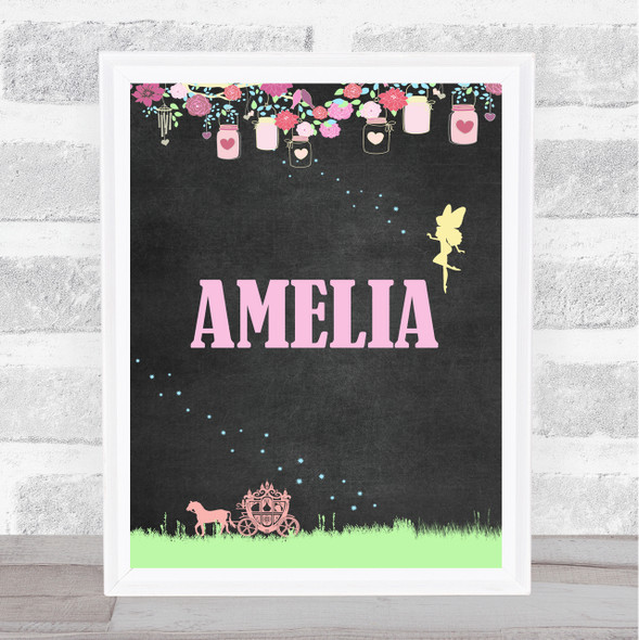 Fairy Horse And Carriage Chalk Pink Floral Any Name Personalized Wall Art Print