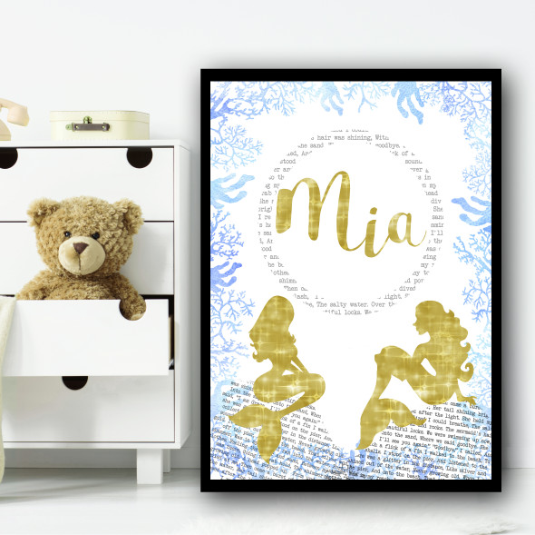 Gold Sparkle Mermaid Typography Blue Seaweed Personalized Wall Art Print