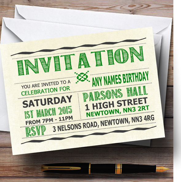 Typography Word Art Green Personalized Birthday Party Invitations