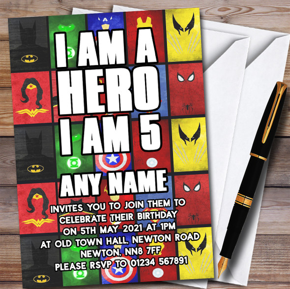 I Am Hero Superhero Any Age Children's Personalized Birthday Party Invitations