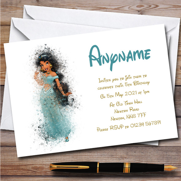 Jasmin Princess Watercolour Splatter Children's Birthday Party Invitations