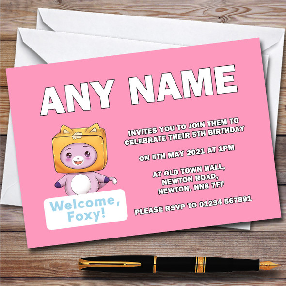 Lankybox Welcome Foxy Pink Children's Personalized Birthday Party Invitations
