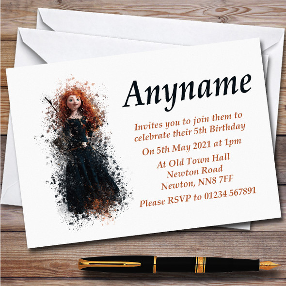 Merida Disney Brave Watercolour Splatter Children's Birthday Party Invitations