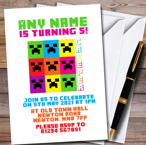 Minecraft Colour Creepers Children's Personalized Birthday Party Invitations