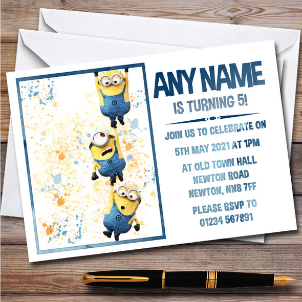 Minions Hanging About Splatter Art Children's Birthday Party Invitations