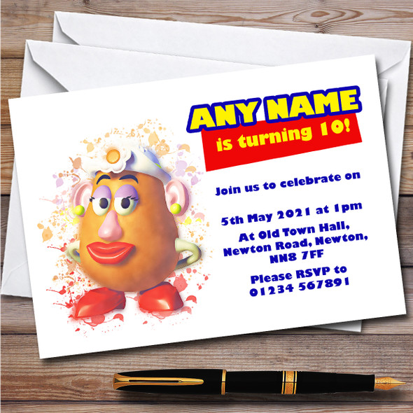 Mrs Potato Head Toy Story Splatter Art Children's Birthday Party Invitations