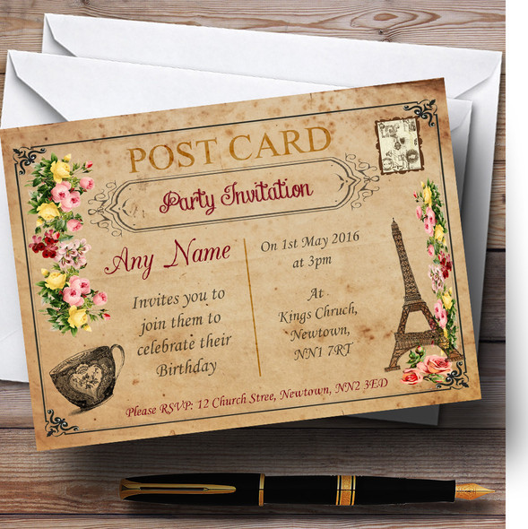 Vintage Paris Shabby Chic Postcard Personalized Birthday Party Invitations