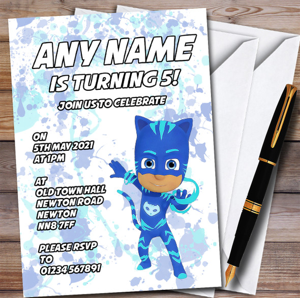 Pj Masks Cat Boy Splatter Art Children's Personalized Birthday Party Invitations