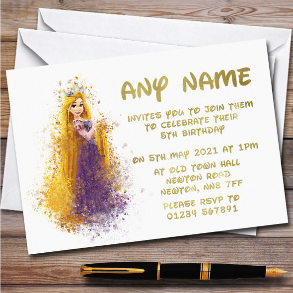 Rapunzel Watercolour Splatter Children's Personalized Birthday Party Invitations