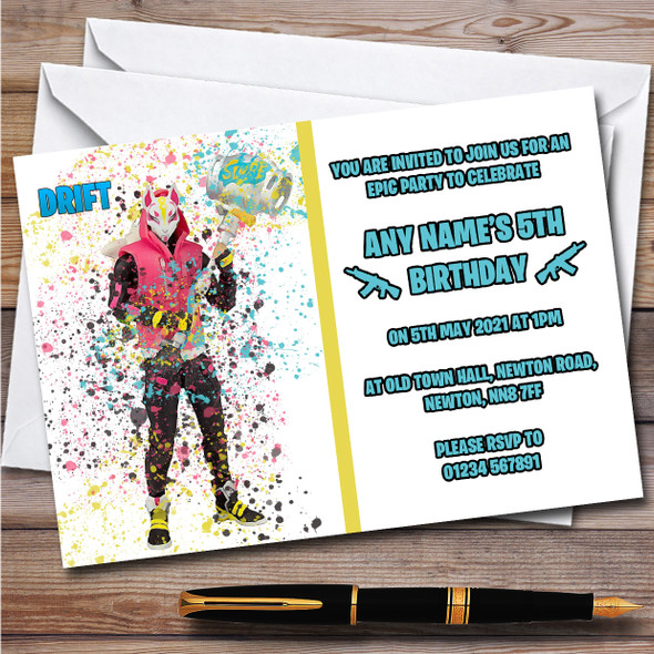 Splatter Art Gaming Fortnite Drift Children's Birthday Party Invitations