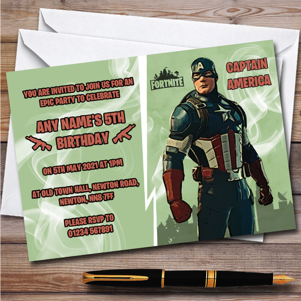 Captain America Gaming Comic Style Fortnite Skin Birthday Party Invitations