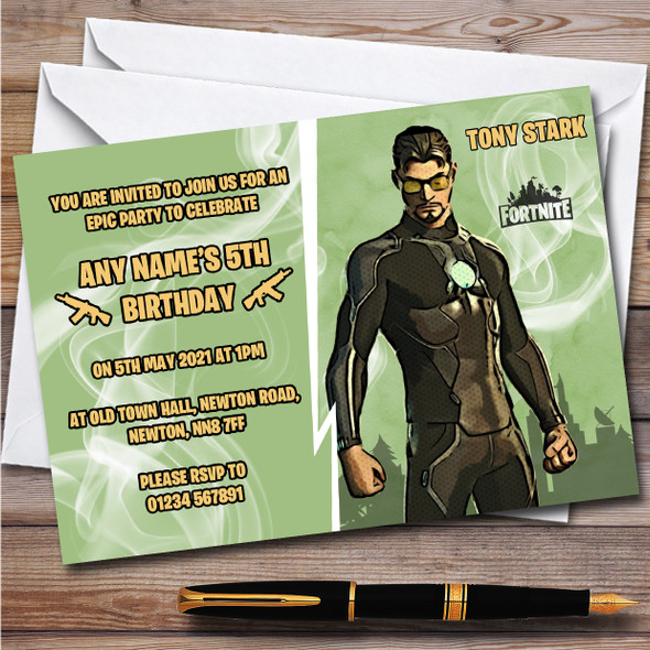Tony Stark Gaming Comic Style Fortnite Skin Birthday Party Invitations