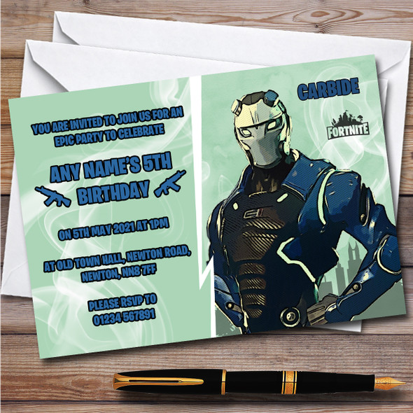 Carbide Gaming Comic Style Fortnite Skin Children's Birthday Party Invitations