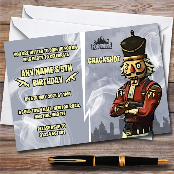 Crackshot Gaming Comic Style Fortnite Skin Children's Birthday Party Invitations