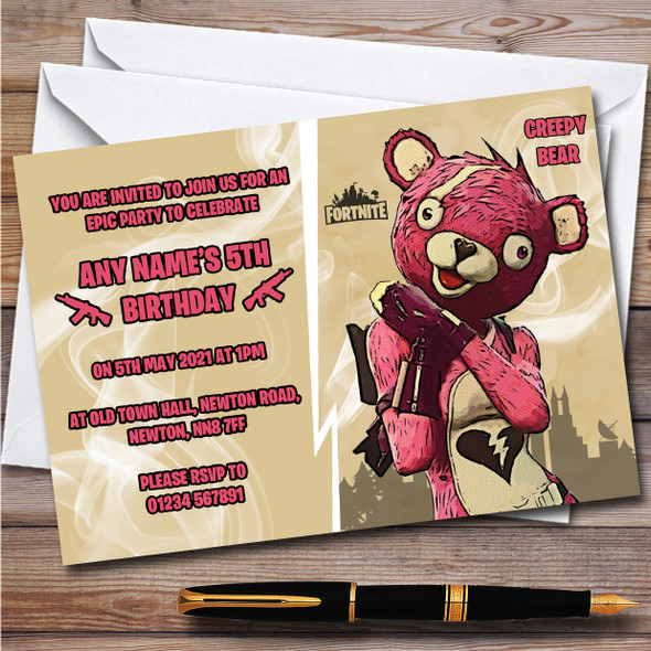 Creepy Bear Gaming Comic Style Fortnite Skin Birthday Party Invitations
