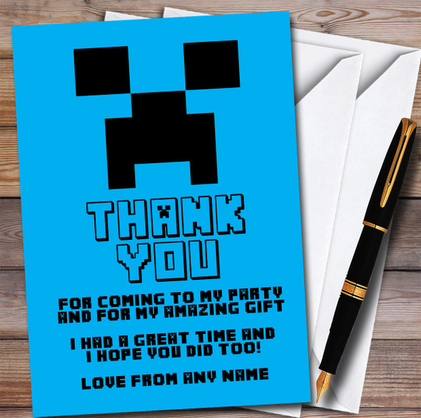 Minecraft Creeper Blue Children's Personalized Birthday Party Thank You Cards