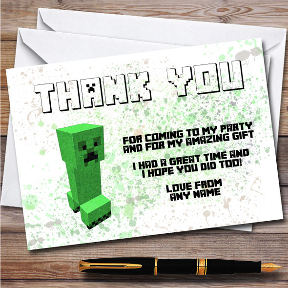 Minecraft Creeper Splatter Art Children's Birthday Party Thank You Cards