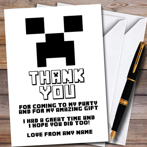 Minecraft Creeper White Children's Personalized Birthday Party Thank You Cards