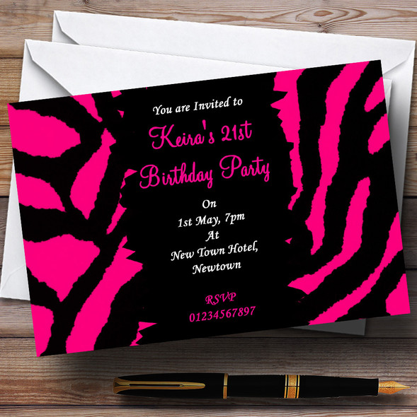 Hot Pink Zebra Print Personalized Party Invitations