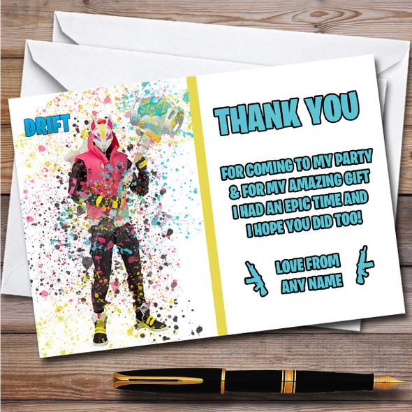 Splatter Art Gaming Fortnite Drift Children's Birthday Party Thank You Cards