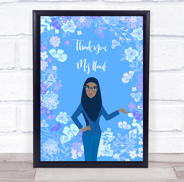 Thank You Teacher Diverse Blue Floral Personalized Wall Art Print