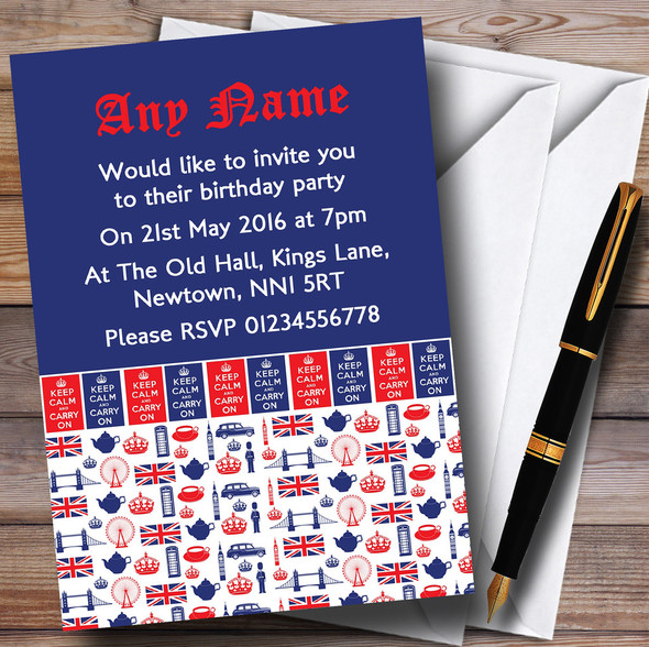 Blue Red And White London Personalized Birthday Party Invitations