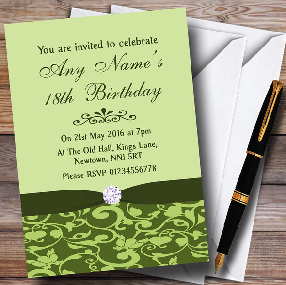 Olive Green Vintage Floral Damask Diamante Personalized Birthday Party Invitations