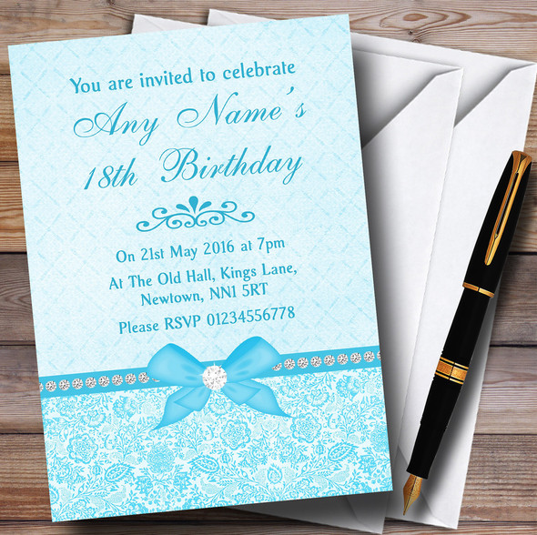 Pretty Floral Vintage Bow & Diamante Aqua Sky Blue Personalized Birthday Party Invitations