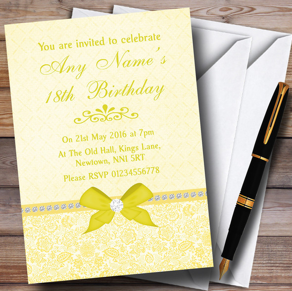 Pretty Floral Vintage Bow & Diamante Yellow Personalized Birthday Party Invitations