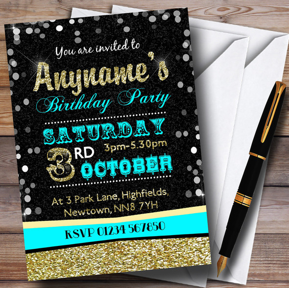 Glitter Look Aqua Blue And Gold Birthday Party Personalized Invitations